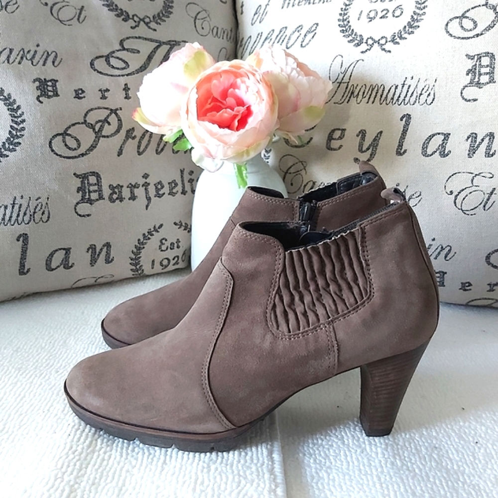 PAUL Green women's chelsea suede brown leather heeled ankle boots taupe